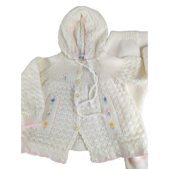 Vintage Made In Portugal Baby Girl 3 Month Hooded Sweater Set Acrylic 2 Piece - Picture 3 of 15